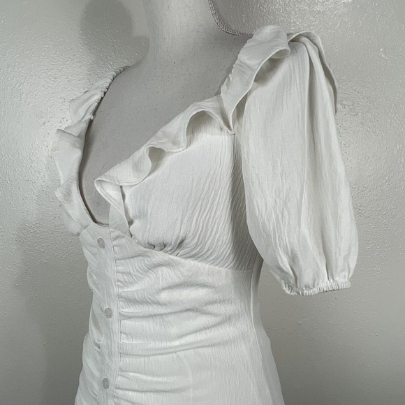 Blue Blush Dress Women Small White Puff Sleeve Ruffled Low V-Neck Mini - Picture 9 of 12